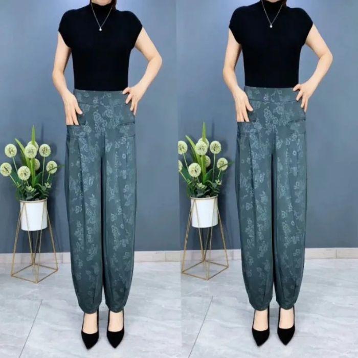 

Женские летние брюки гаремы из ледяного шелка 2025 - жаккардовые, широкие, свободные, стройнящие, драпирующиеся, дышащие XL зелёный