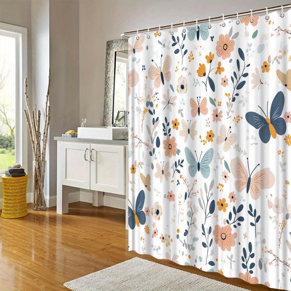 1pc Floral & Butterfly Shower Curtain - Whimsical Pastel Design, Soft Pink/Yellow/Blue, 70.8x70.8", 12 Hooks, Bathroom Decor