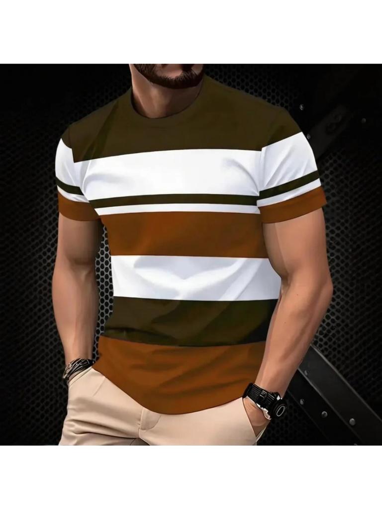 Classic Men's 3D Printed T-shirt Stripe Print Summer Outdoor Round Neck Short Sleeve Tops Street Loose T-Shirt Male Oversized Clothing