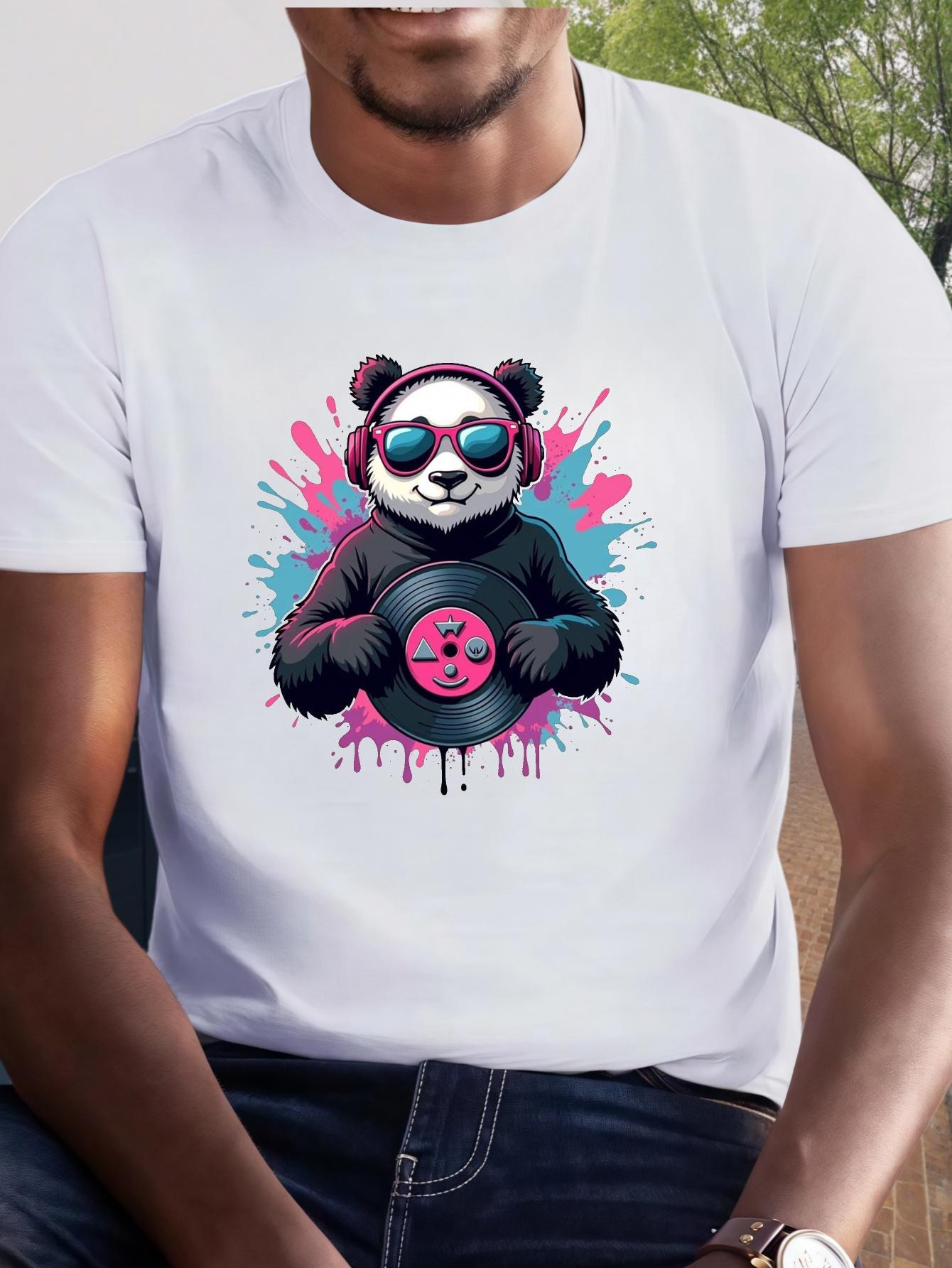Men Panda DJ Print T-Shirt - Casual Short Sleeve Summer Tee with Panda & DJ M