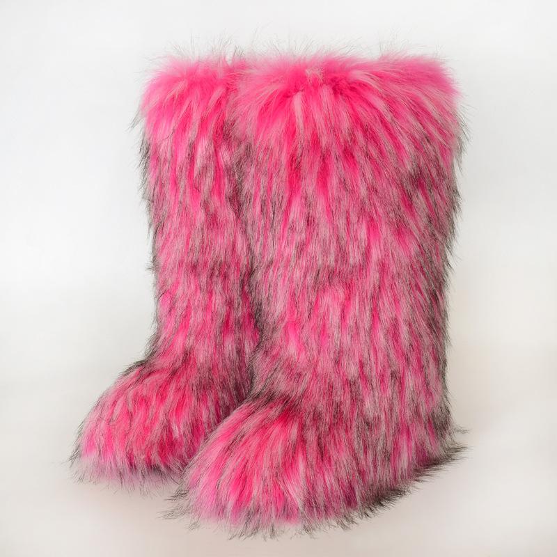 Ladies Winter Faux Fur Raccoon Hairy Boots Snow Boots Shoes