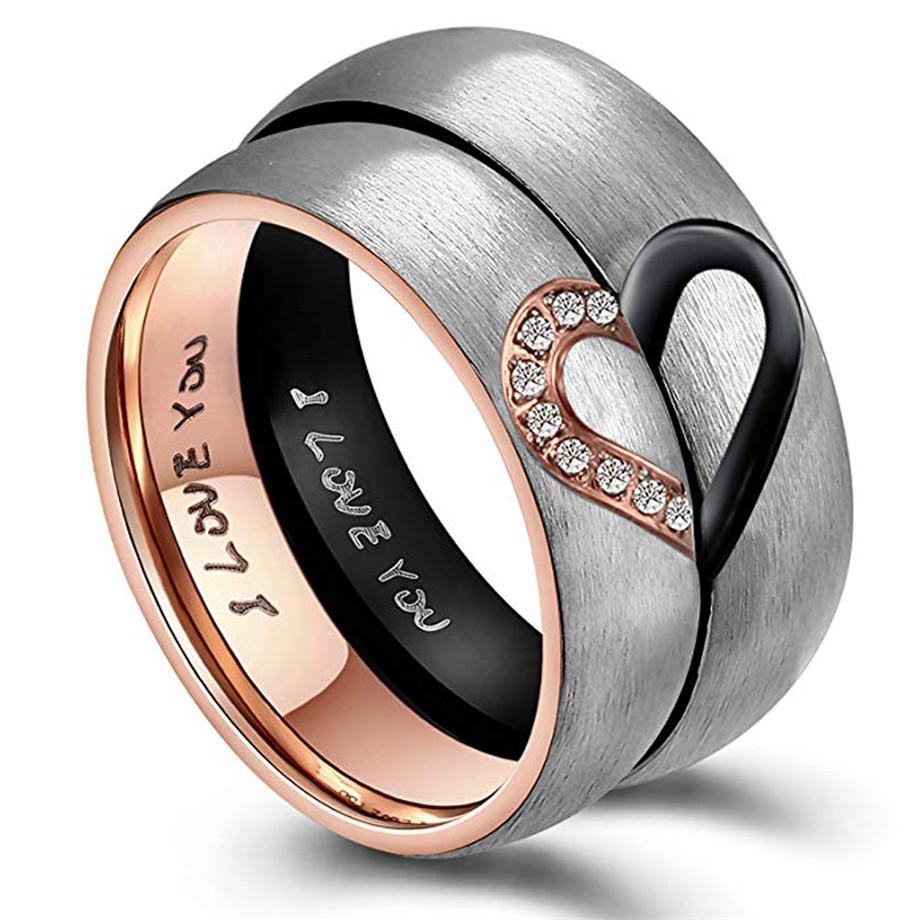 Anelli Coppia Cuore Colore Oro Rosa/Nero Acciaio Inossidabile Coppie Amanti Anello Promessa d'Amore Per Uomini Donne Gioielli
