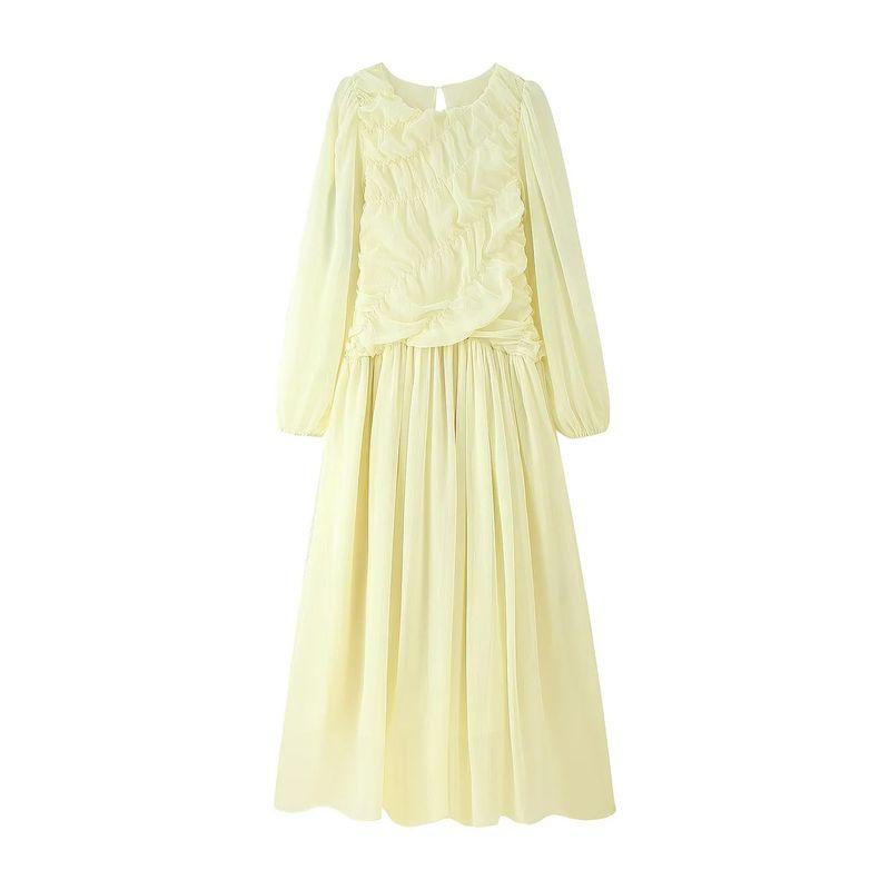 

Summer New Arrival Women s Clothing Fashion Style Fashion All-Matching Temperament Leisure Pleating Long Sleeves round-Neck High Waist Dress Yellow L