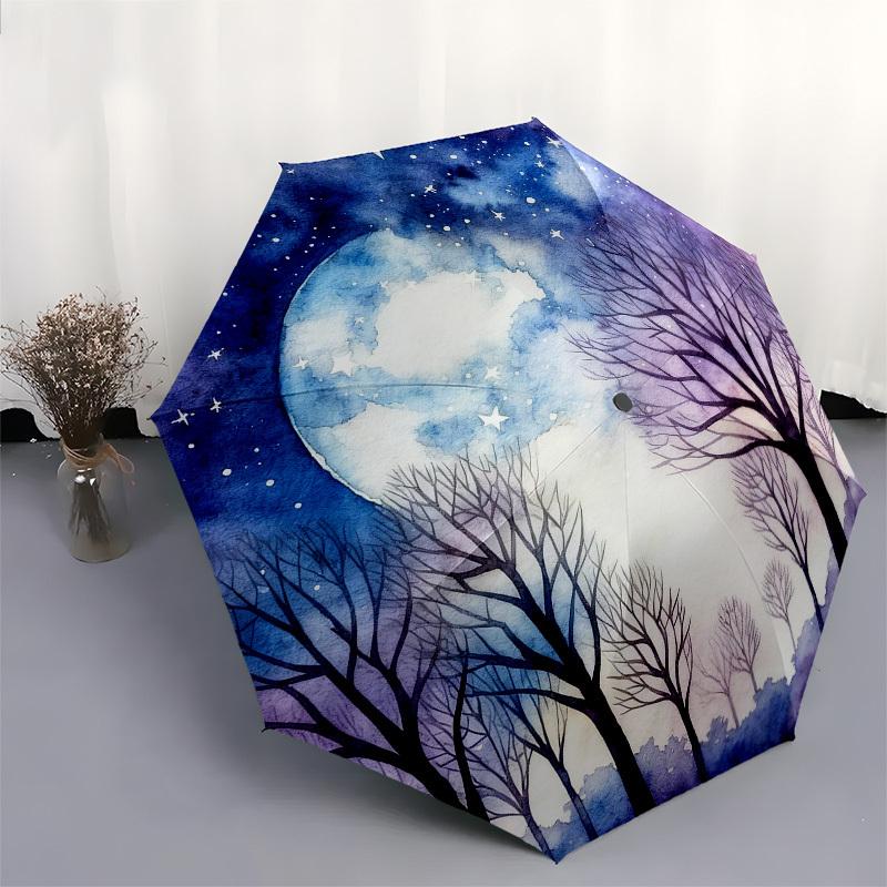 1pc Moonlit Forest Automatic Folding Umbrella, Heavy Duty 8 Rib Iron Frame, Suitable for Travel, Daily Use, Birthday, Decor Gift 39