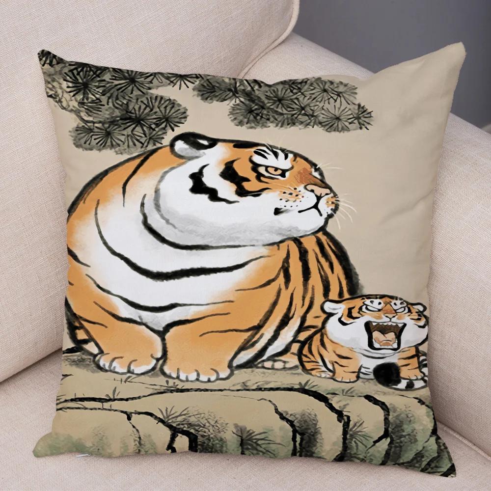 Chinese Ink Funny Fat Tiger Cushion Cover Decor Cute Cartoon Animal Soft Plush Pillow Case for Sofa Home Car Throw Pillowcase