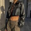 European-American Motorcycle Style Crop Top: Turn-Down Collar, Long Sleeve Jacket for Autumn/Winter Fashion.
