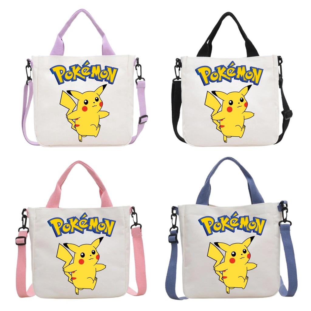Pokemon Canvas Crossbody Bag Pikachu Cartoon Pattern Print Handbag Fashion Portable Large Capacity Travel Shopping Storage Kid Friendly Entertaining