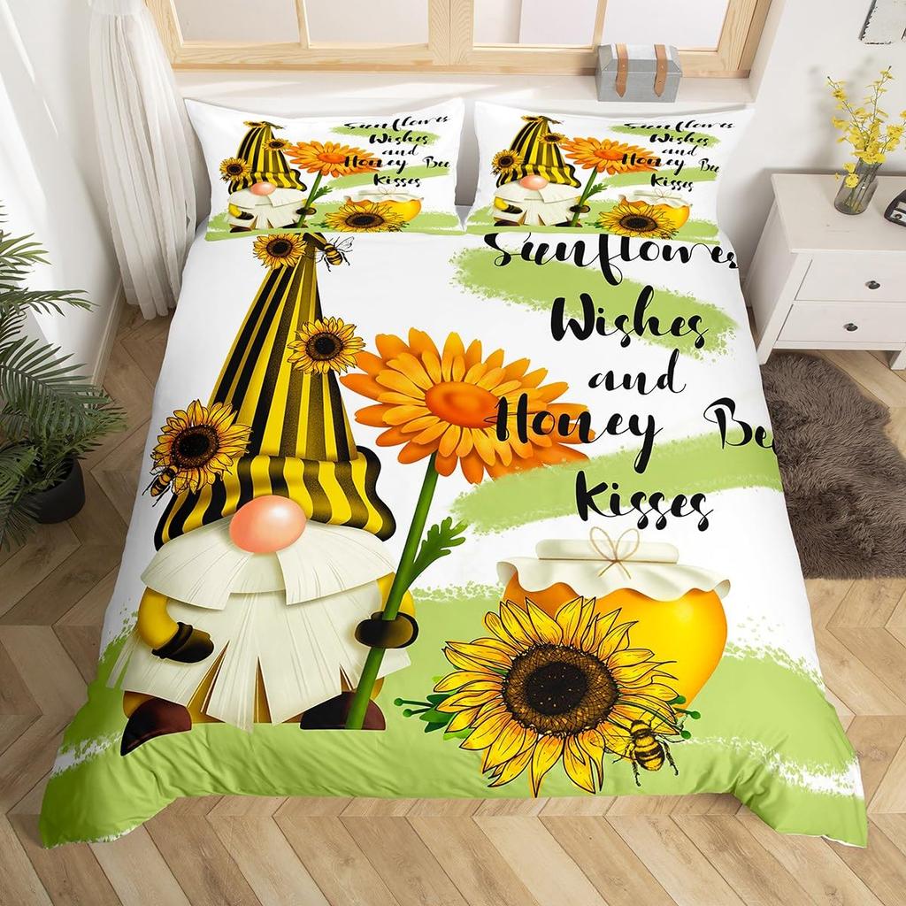 Bettbezug mit Cartoon-Gnom und Sonnenblume, King- und Queen-Size-Bettwäscheset mit schönen Zwergblumen, Bettbezug mit gelbem Blumenmuster und 2 Kissenbezügen