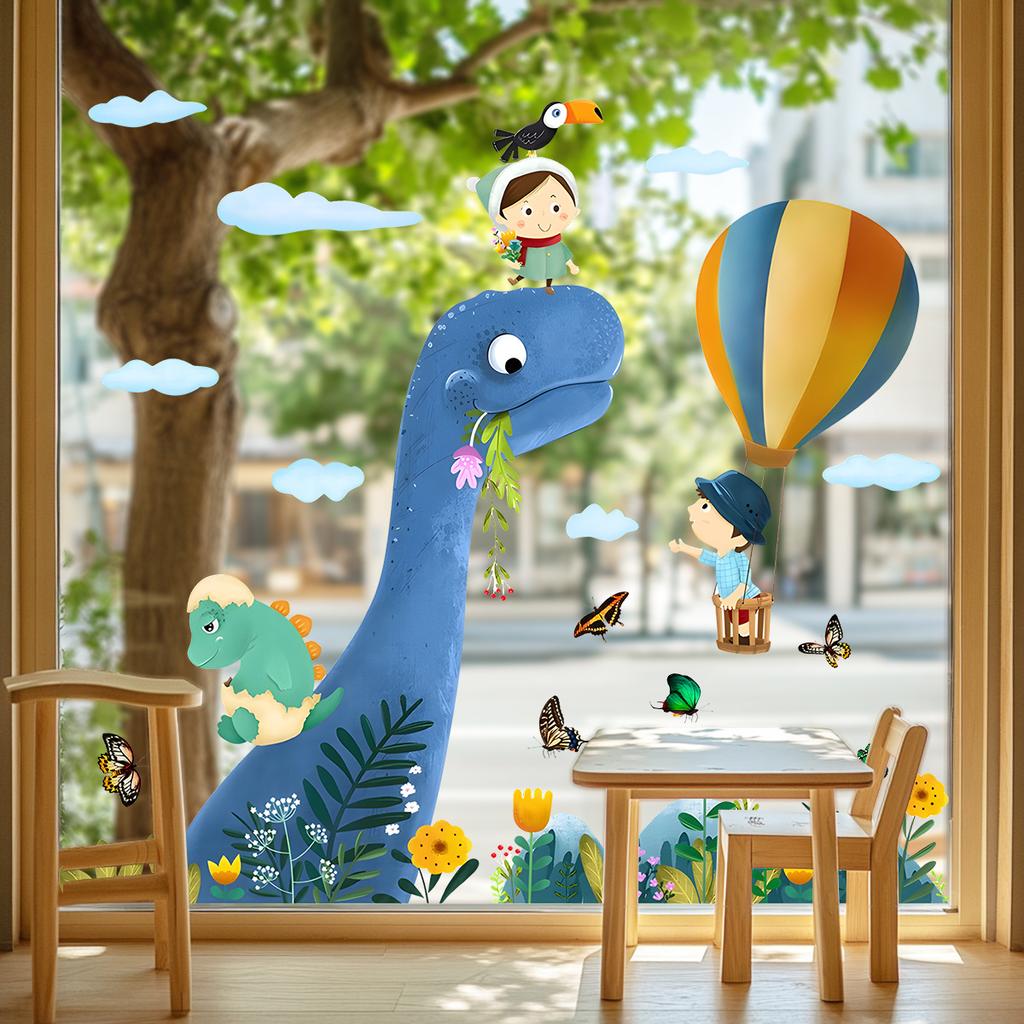Dinosaur Hot Air Balloon Window Sticker for Balcony Bedroom Kindergarten Glass Home Decoration Self-Adhesive