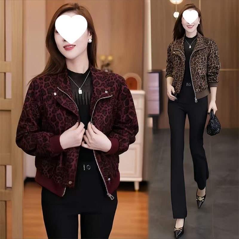 2025 Autumn/Winter Women's Leopard Print Slim Fit Casual Jacket with Plus Velvet