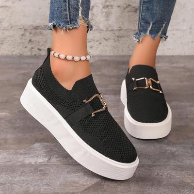 2025 Spring Women's Plus Size Flyknit Sports Loafers with Metal Buckle