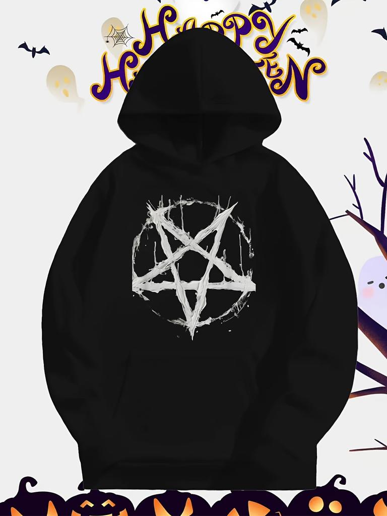 Men's Gothic Satan Devil 666 Pentagram Hoodie - Loose Fit Streetwear Pullover with White Ink Splash & Devil Graphic, Washable Knit
