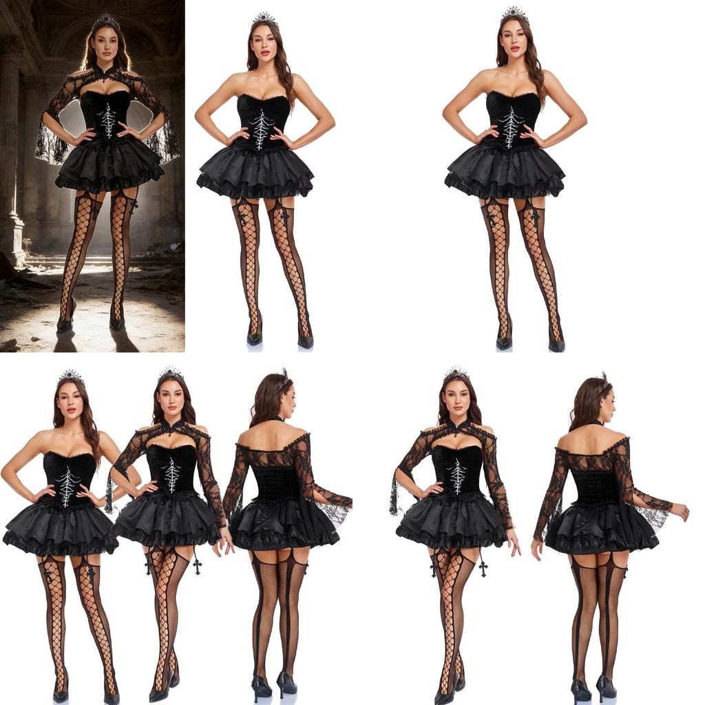 Costume da Strega Gotica in Tessuto di Poliestere per Appassionati di Cosplay di Halloween