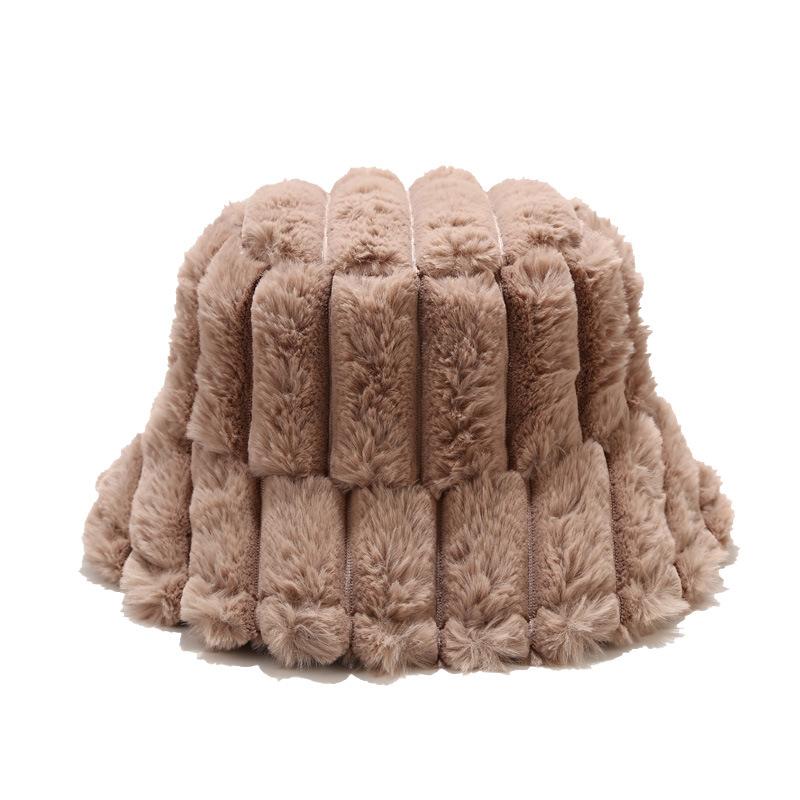 Winter Warm Rabbit Ladies Large Outdoor Terry Towelling Faux Fur Vintage Girls Plush Fur Thicken Stripe Bucket Cap Hat