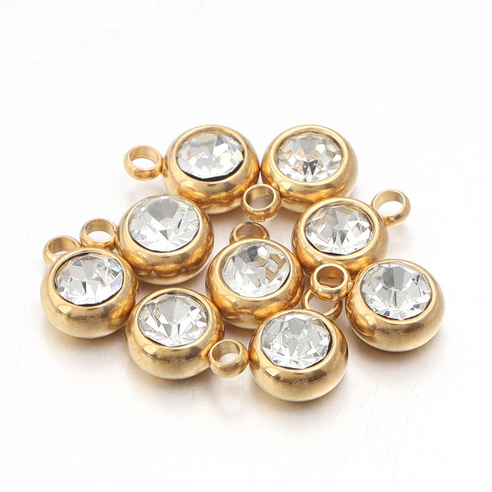 10Pcs Mini Birthstone Charms Stainless Steel Round Rhinestone Crystal Pendant for Jewelry Making DIY Necklace Bracelet Findings