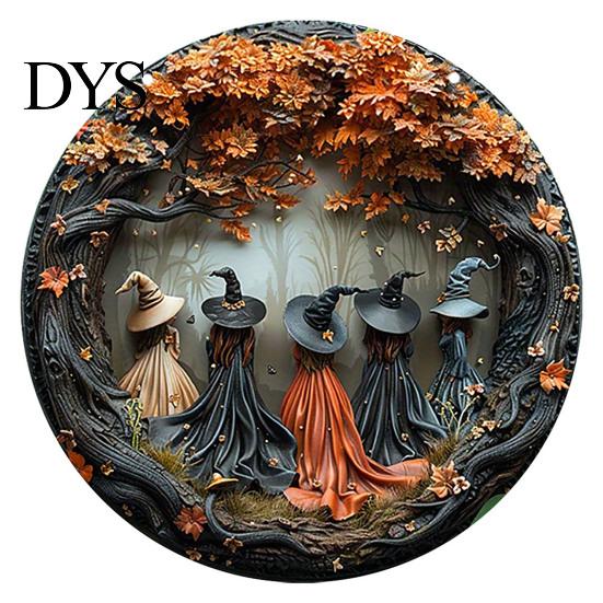 Outdoor Patio Decor Plaque Halloween Round Wooden Hanging Door Sign with 5 Witches, Decorative Boho Style Home Accent Wall for Front Porch Yard
