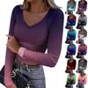 Women's Winter Slim-Fit Base Layer T-Shirt Fashionable Print V-Neck Pullover Long-Sleeved Top