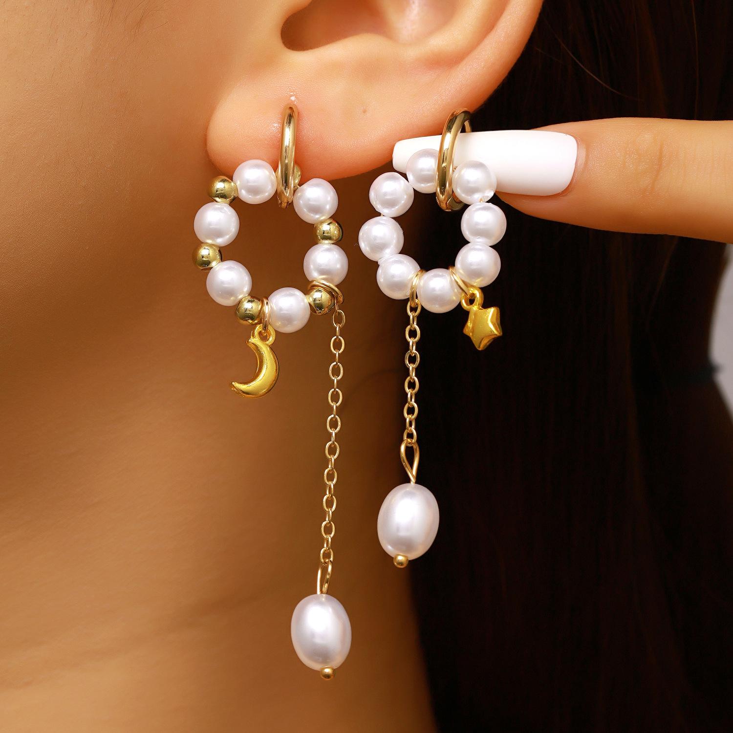 Retro Temperament Moon Star Pearl Earrings Gold Tone Asymmetric Long Tassel Drop Dangle Earrings for Women Party Elegant Jewelry