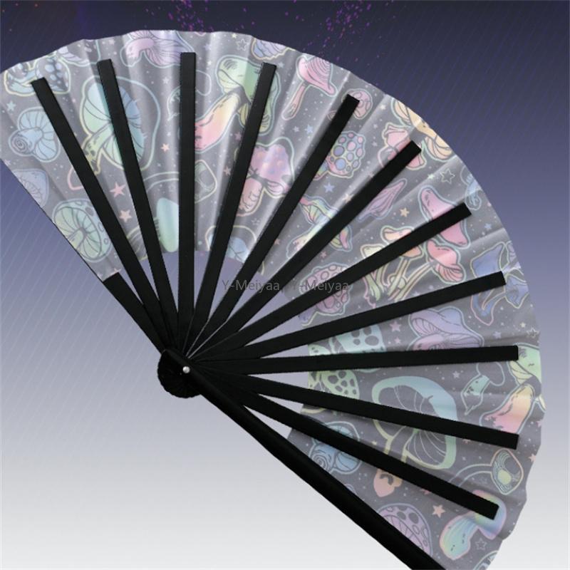 1PC 33cm Fluorescence Fan Folding Craft Fan With Energetic Neon Pattern For Men Women Night Show Halloween Christmas Festival