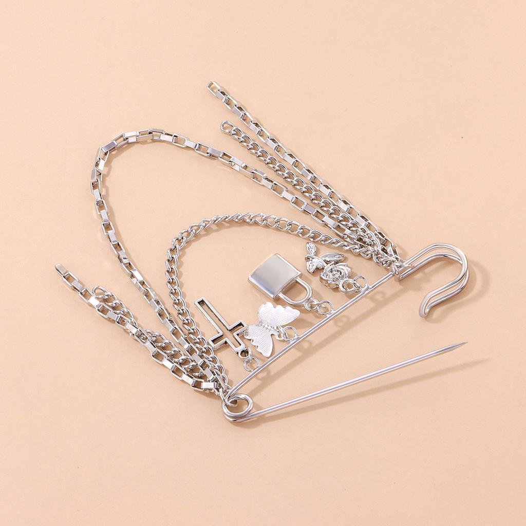 Multi-element Lock Cross Brooch, Retro Trendy Metal Chain Pin Accessories