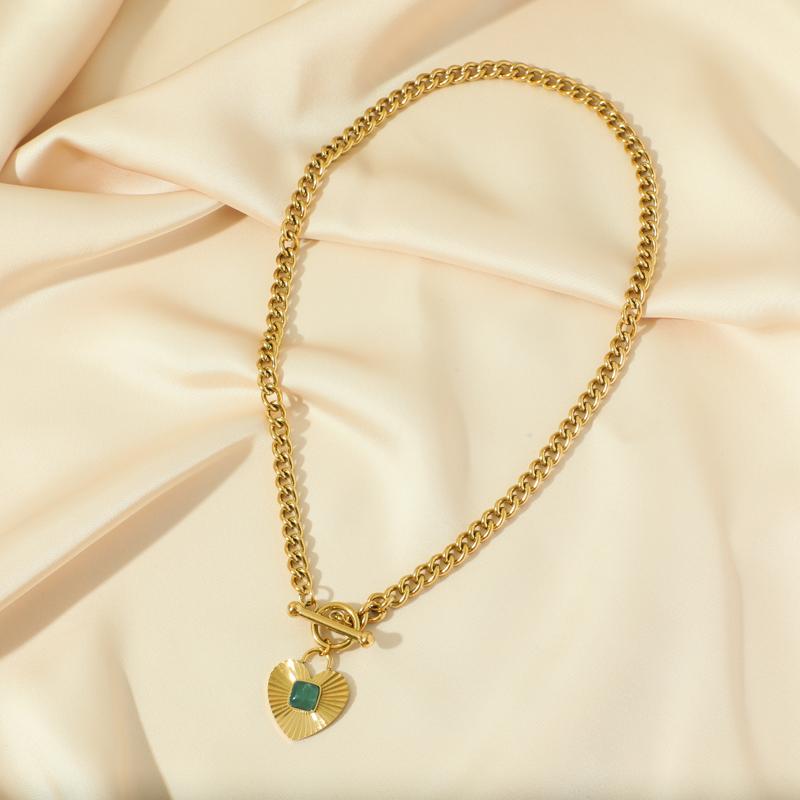 Stainless Steel Heart Love Green Crystal Pendant Necklace Earrings for Women Party Punk Jewelry Gift