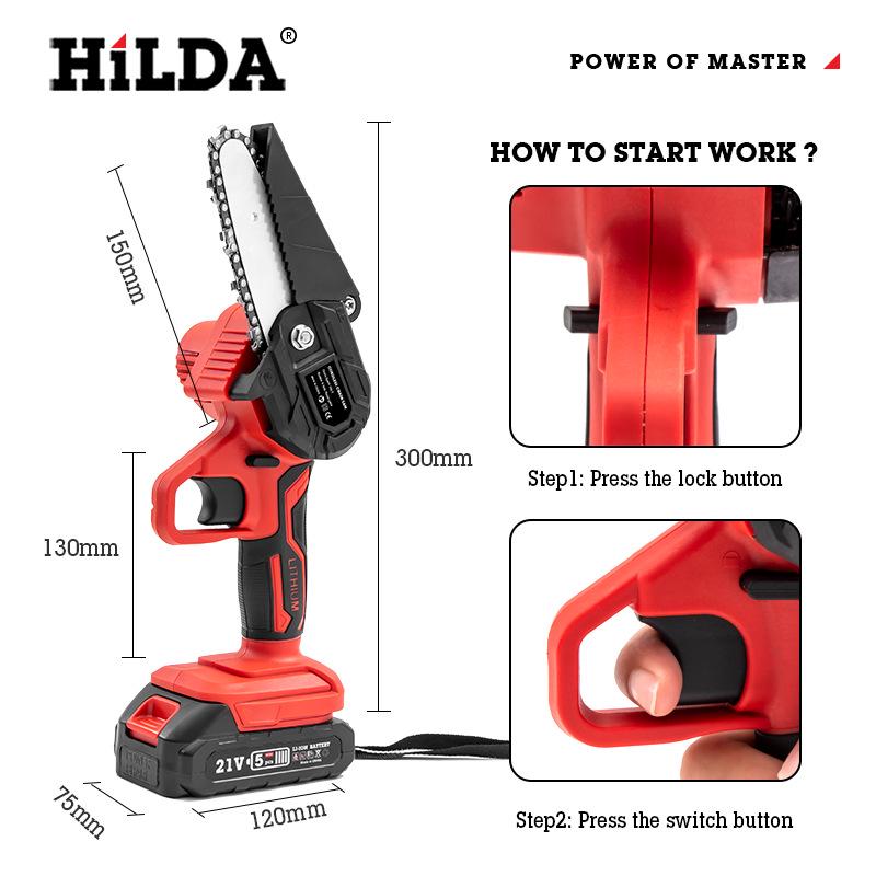 HILDA 4-Inch One-Handed Electric Lithium Chainsaw for Woodworking and Garden Felling.