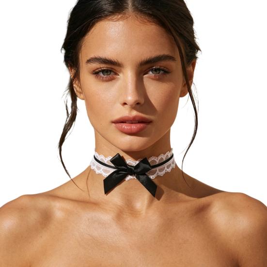 Ribbon Bow Lace Choker for Women, Adjustable Black Bowknot Lace Collar Necklace, Tie-up Choker Necklace for Wedding Party