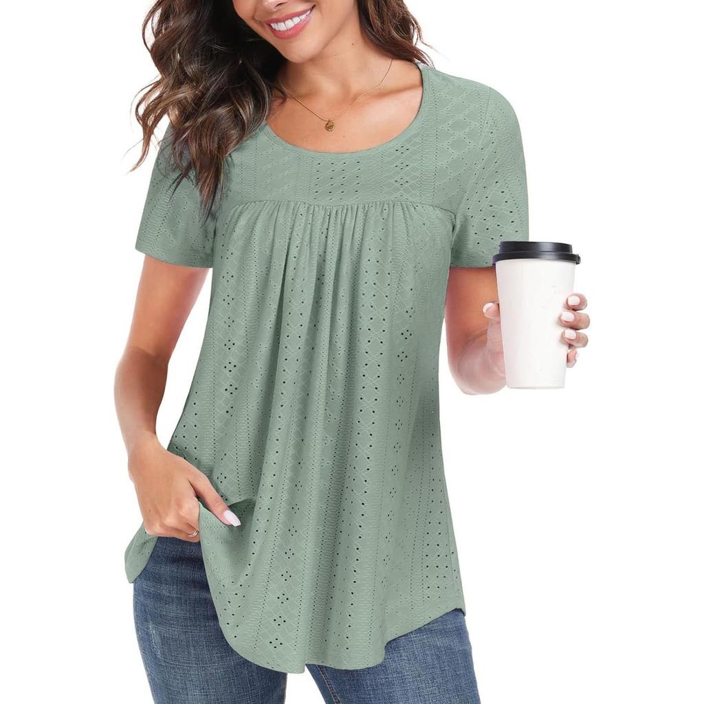 Women Casual Hollow Out Short Sleeve T Shirt Round Neck Loose Fit Lightweight Breathable Summer Top