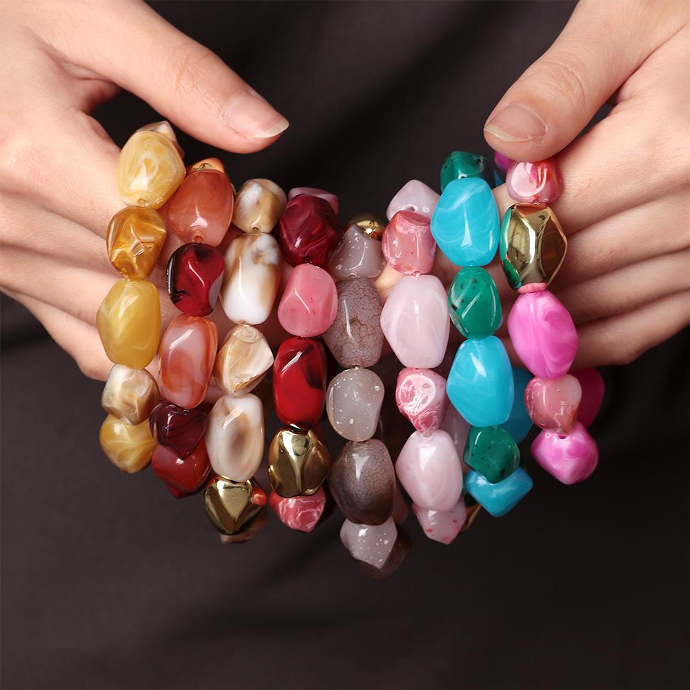 New Acrylic Irregular Geometric Beads Elastic Bracelets for Women Boho Resin Multicolor Beaded Bangle Handmade Jewelry Gifts
