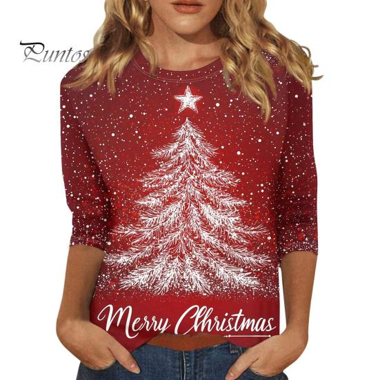 

Рождественский принт Женская футболка с круглым вырезом и рукавом 3/4 Свободный крой Пуловер Топы с дизайном рождественской елки Легкие топы XL B