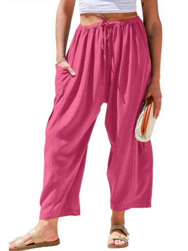 

2026 Spring/Summer Loose Casual Cotton-Linen Cropped Pants with Elastic Mid-Waist and Straight Legs XL розы красного