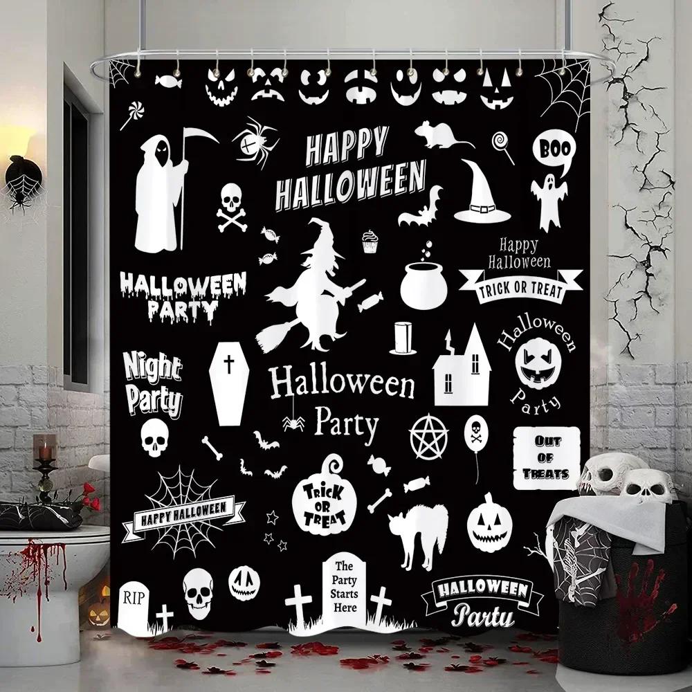 Läskig Halloween-duschdraperi, Vattentätt tyg med Spökhus, Döskallar, Skelett & Spöken för Festlig Badrumsinredning