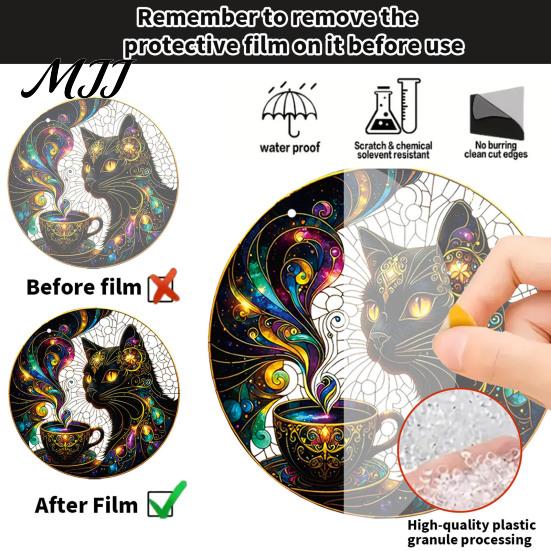 Retro Totems Glass Decoration Stained Style Black Cat And Magic Coffee Cup Hanging Ornament for Window Wall Artistic Art Decor, Acrylic