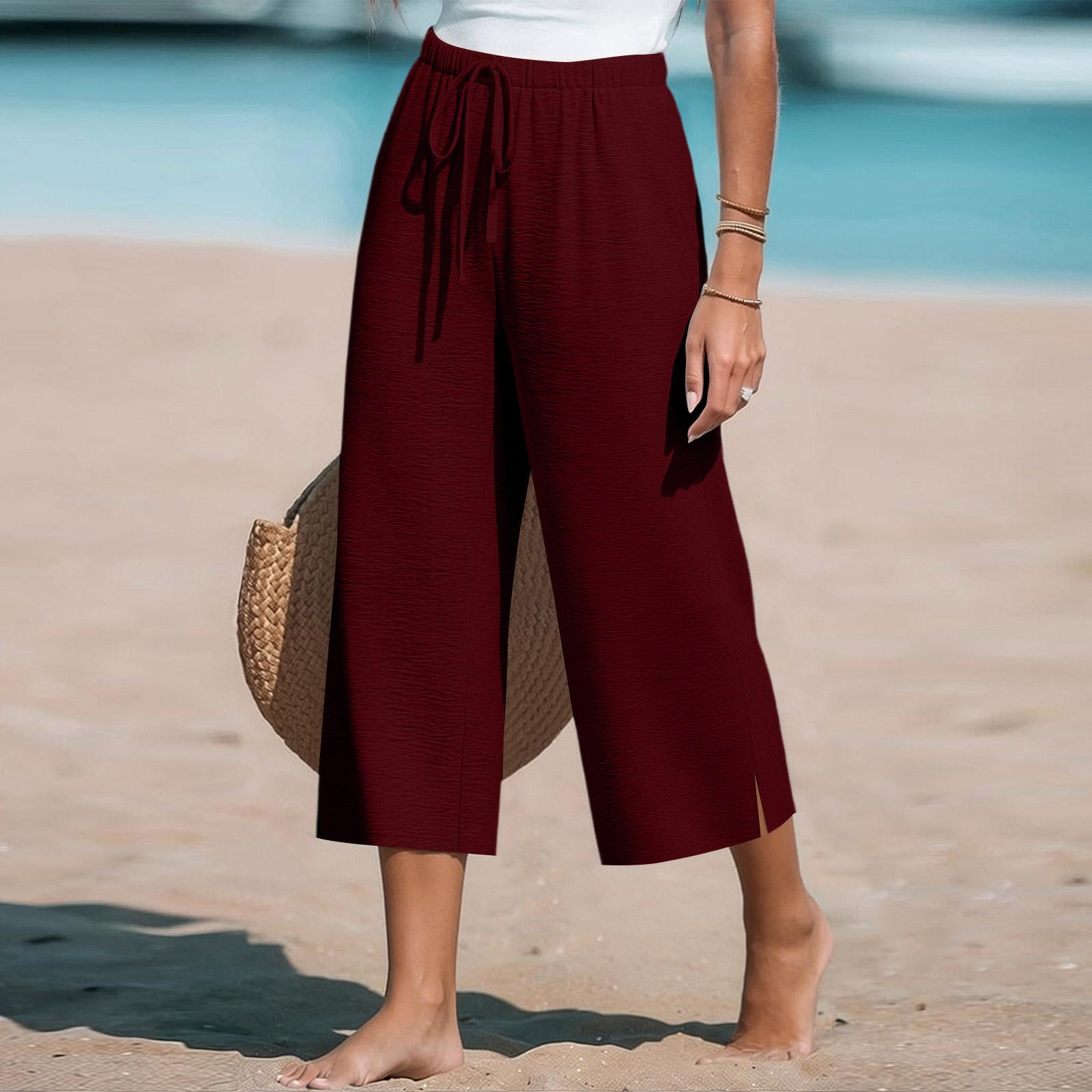 

Women Wide Leg Cropped Pants with Elastic Waistband and Adjustable Drawstring Loose Fit Lightweight Trousers for Everyday Wear XL винний