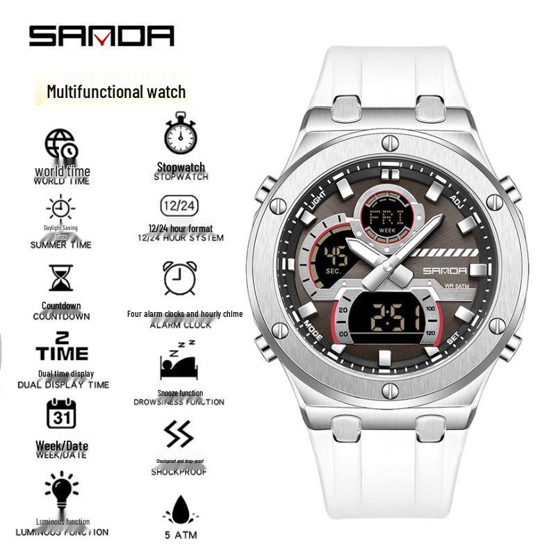 Sanda Trendy Multifunctional Waterproof Student Wristwatch with World Time Display