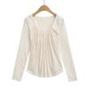 Double-Layer Lace Applique Comfortable Pleated U-Neck Long-Sleeve Feminine Waist-Slimming T-shirt