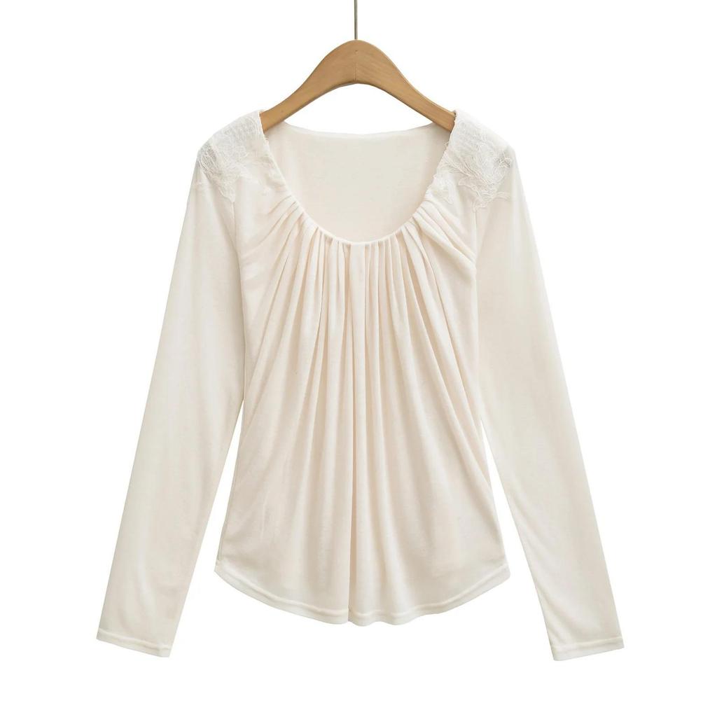 Double-Layer Lace Applique Comfortable Pleated U-Neck Long-Sleeve Feminine Waist-Slimming T-shirt