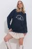 Women's Sweatshirt New Season Fashion Navy Blue Crew Neck 3 Thread Embroidered Oversize Sweatshirt