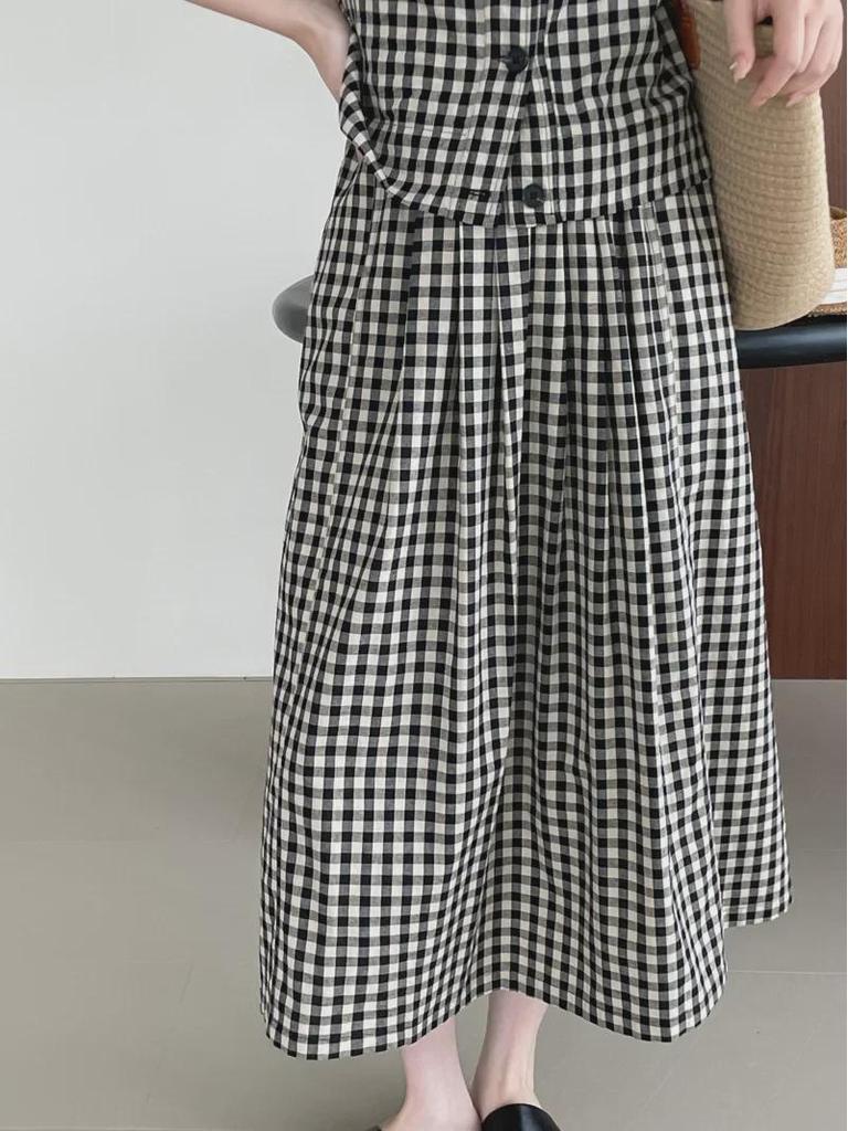 Taochuan Japanisches Retro-Karomuster Ärmellose Weste & High-Waist Elastisches Rock-Set für Damen