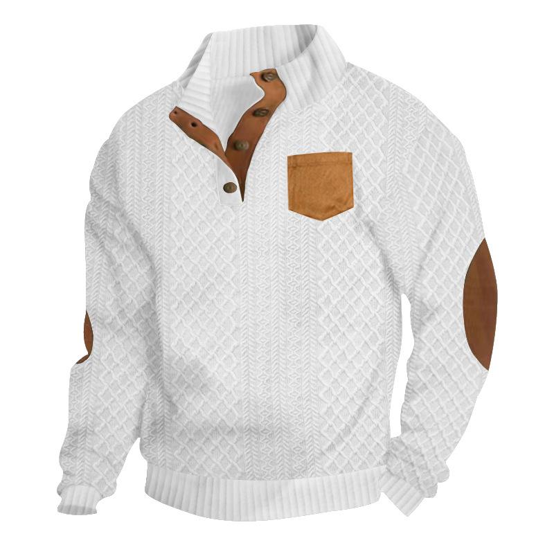 Spring/Autumn Men's Jacquard Knit Textured Pocket Henley Collar Buttoned Patch Long-Sleeved Sweatshirt