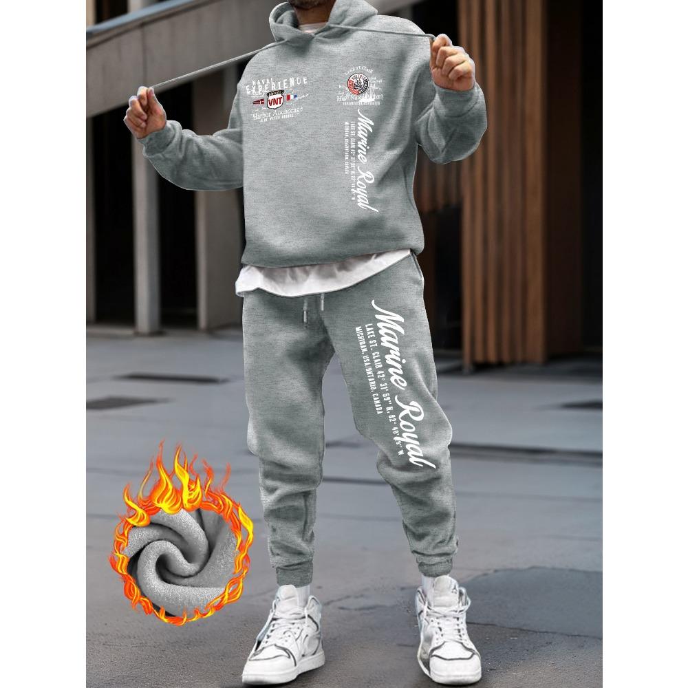 

Мужской модный комплект уличной одежды: толстовка и спортивные штаны - плотный, теплый зимний наряд с принтом, машинная стирка XL