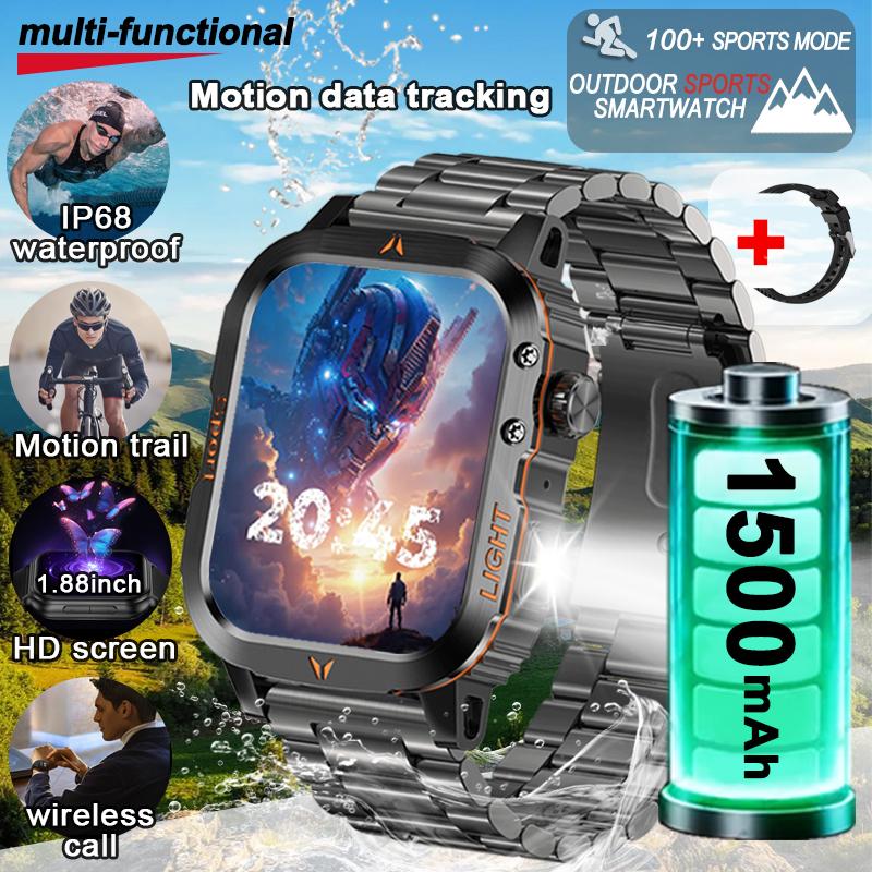 Sağlam ve dayanıklı Askeri akıllı saat 1500mAh pil 30 günlük Blouetooh Çağrı çok fonksiyonluluk, LED el feneri 150 spor modu Android iPhone.