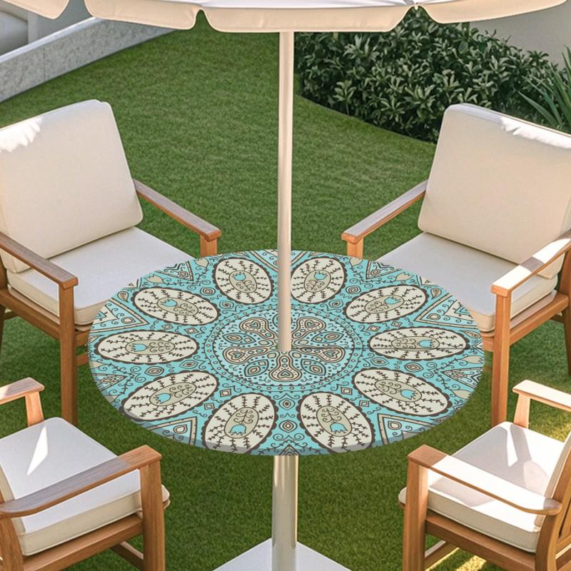 Outdoor Round Table Cover With Geometric Waterproof Elastic Hem Patio Garden Deck