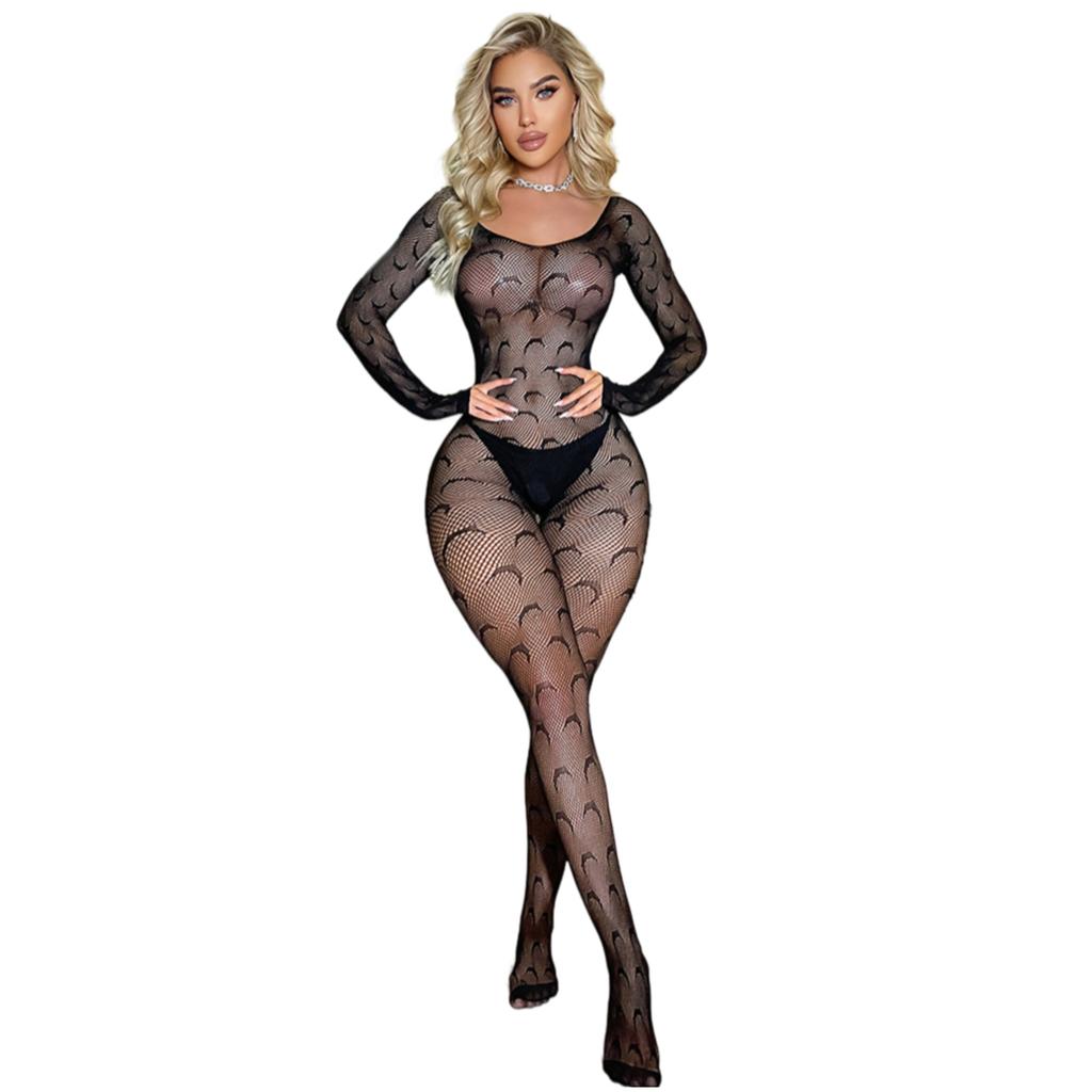 Fishnet Lingerie Bodysuit for Women Long Sleeve Low Neck Moon Pattern Bodystocking Jumpsuit Nightwear Intimate Outfit
