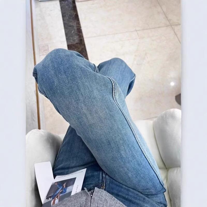 Pantaloni de damă retro albaștri, cu fleece pe interior, cu talie înaltă și picior drept, pentru toamnă și iarnă