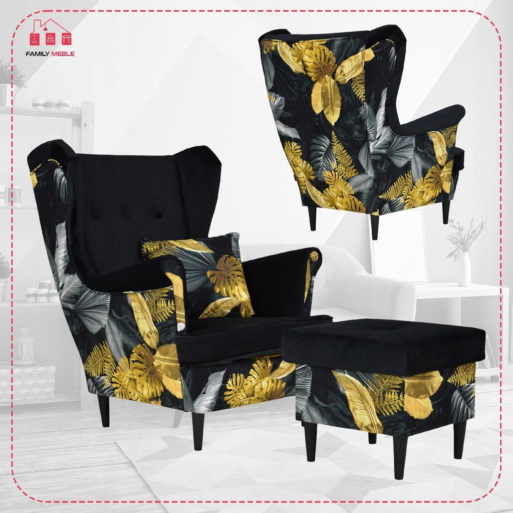 Fotel uszak Ari Print Duo z podnóżkiem, skandynawski Family Meble pufa