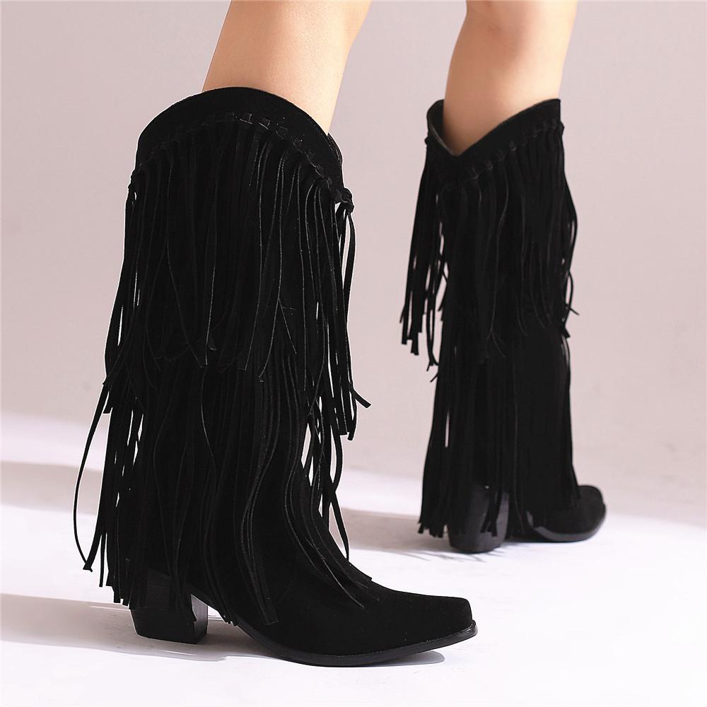 Fashion Fashion Autumn Winter Ethnic Woman Bohemian Flock Tassle Hidden Moccasin High Heels Mid-Calf Boots Fringe Female Slip On Shoes