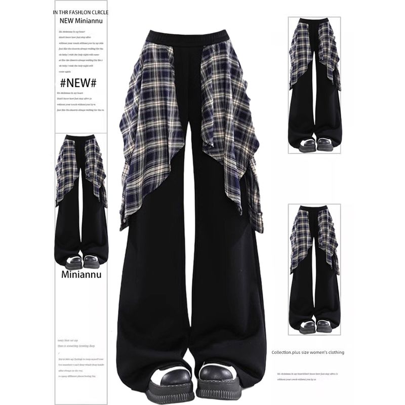 

150kg Extra Large Size American Street Style Wide-Leg Pants for Women, Plus-Size Plaid Patchwork Loose Casual Pants Black 2XL
