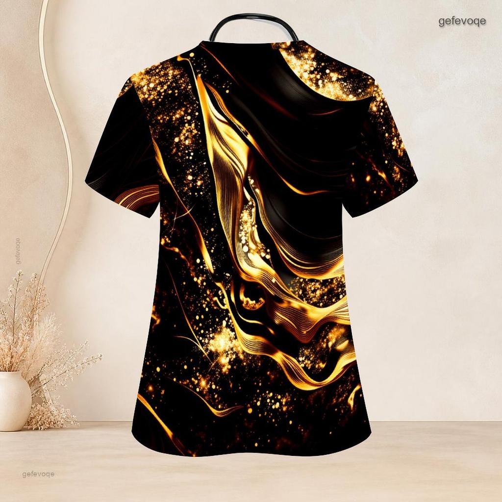 Women Plus Size Blue Printed Scrub Top Keyhole Neck Short Sleeve Nurse Uniform With Front Pockets