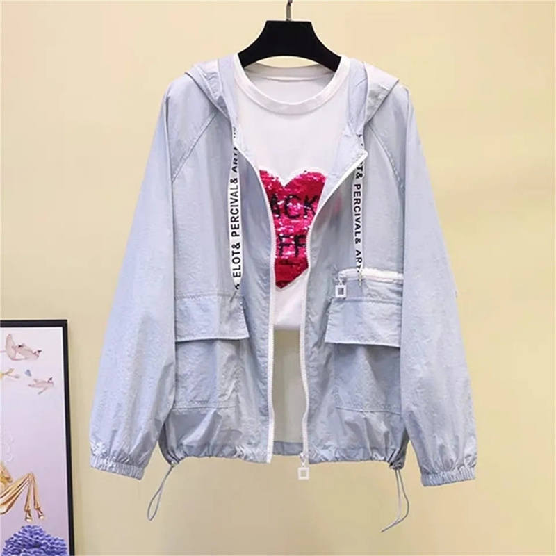 Women's Summer Hooded Zipper Thin Jacket Sun Protection Windbreaker